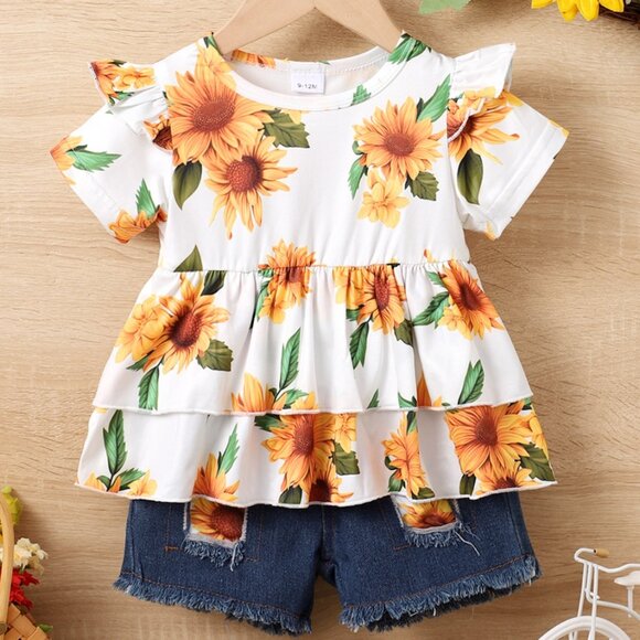 2T 3T Baby Girl Sunflower Outfit Set | Ruffle Sleeve Top + Denim (9-12M, 2T, 3T) - Picture 1 of 10
